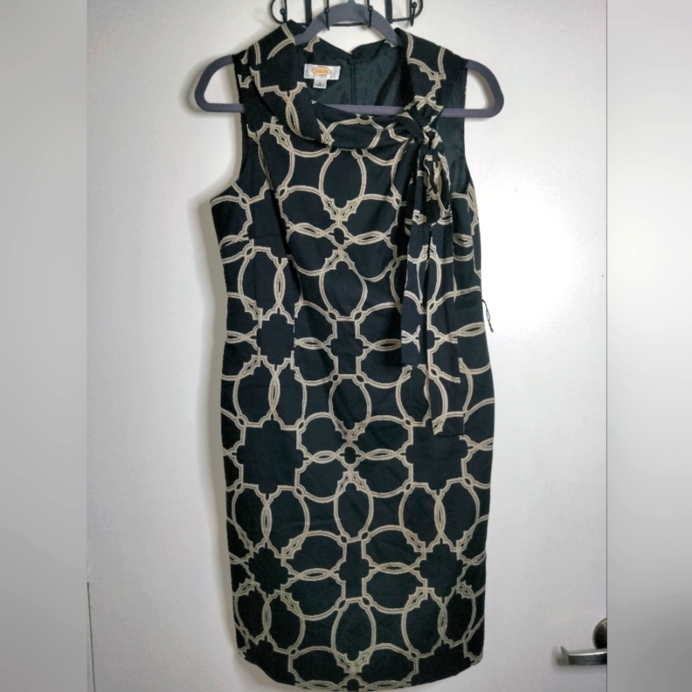 Talbots Petites (Size 8) Black & Tan Printed Cowl Neck Tie Sleeveless Dress